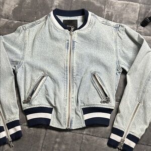 Skinnygirl Light Blue Denim Bomber Jacket with Navy and White Trim